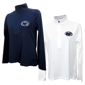 women's navy & white long sleeve 1/2 zip pullovers with Penn State Athletic Logo on left chests
